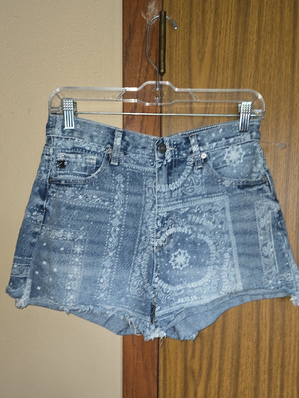 KanCan Blue Bandana-Print High-Rise Denim Shorts